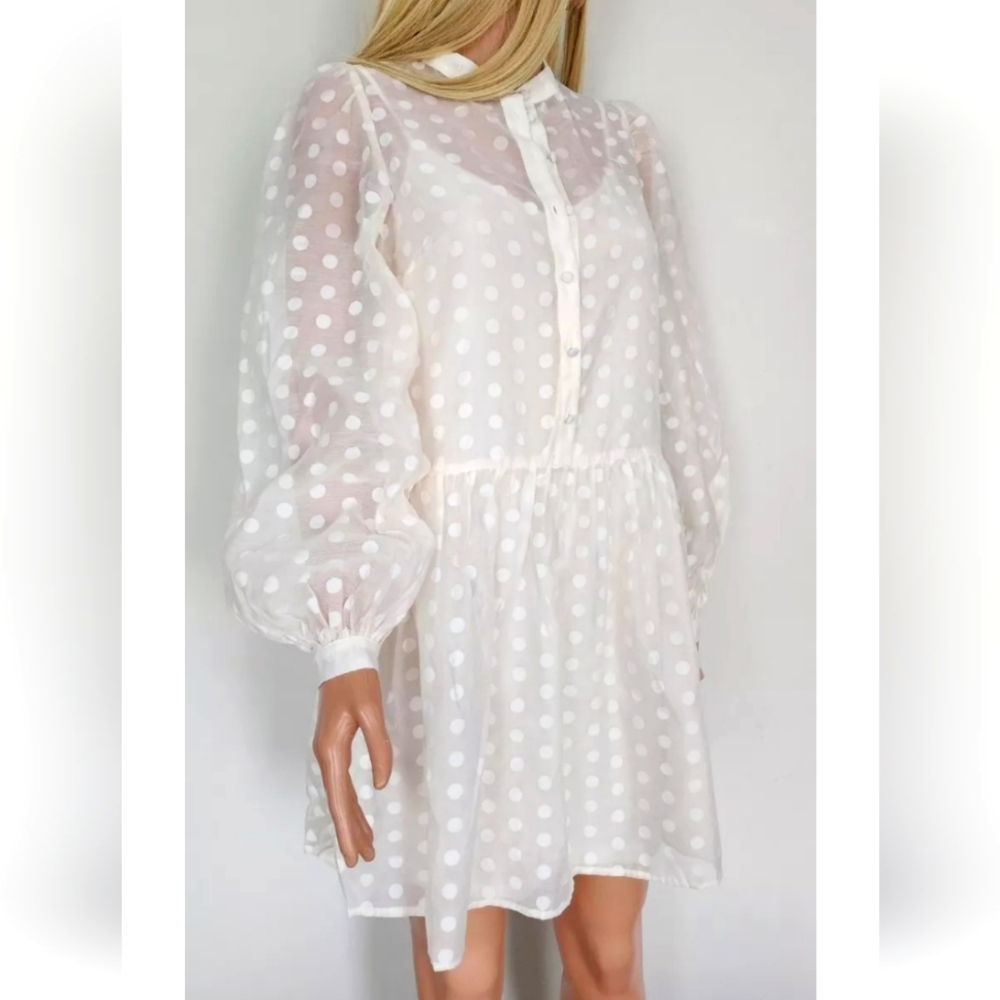H&M HM POLKA DOT SHEER LIGHT BEIGE LONG SLEEVES SHORT BABYDOLL DRESS XS